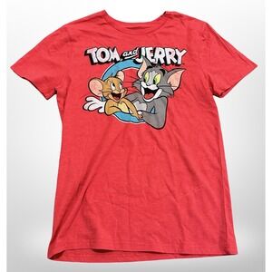 Tom and Jerry Cartoon Graphic T-Shirt Red Crew Neck Short Sleeve Adult Small